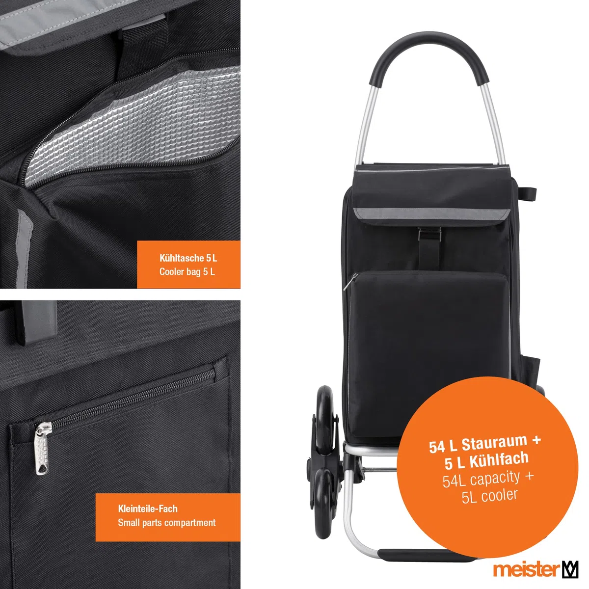 Meister - Carrito de la compra, 54 L, con compartimento refrigerador, bolsa extraíble y resistente a la lluvia, colgador para el carro de la compra, carrito plegable, 6816810