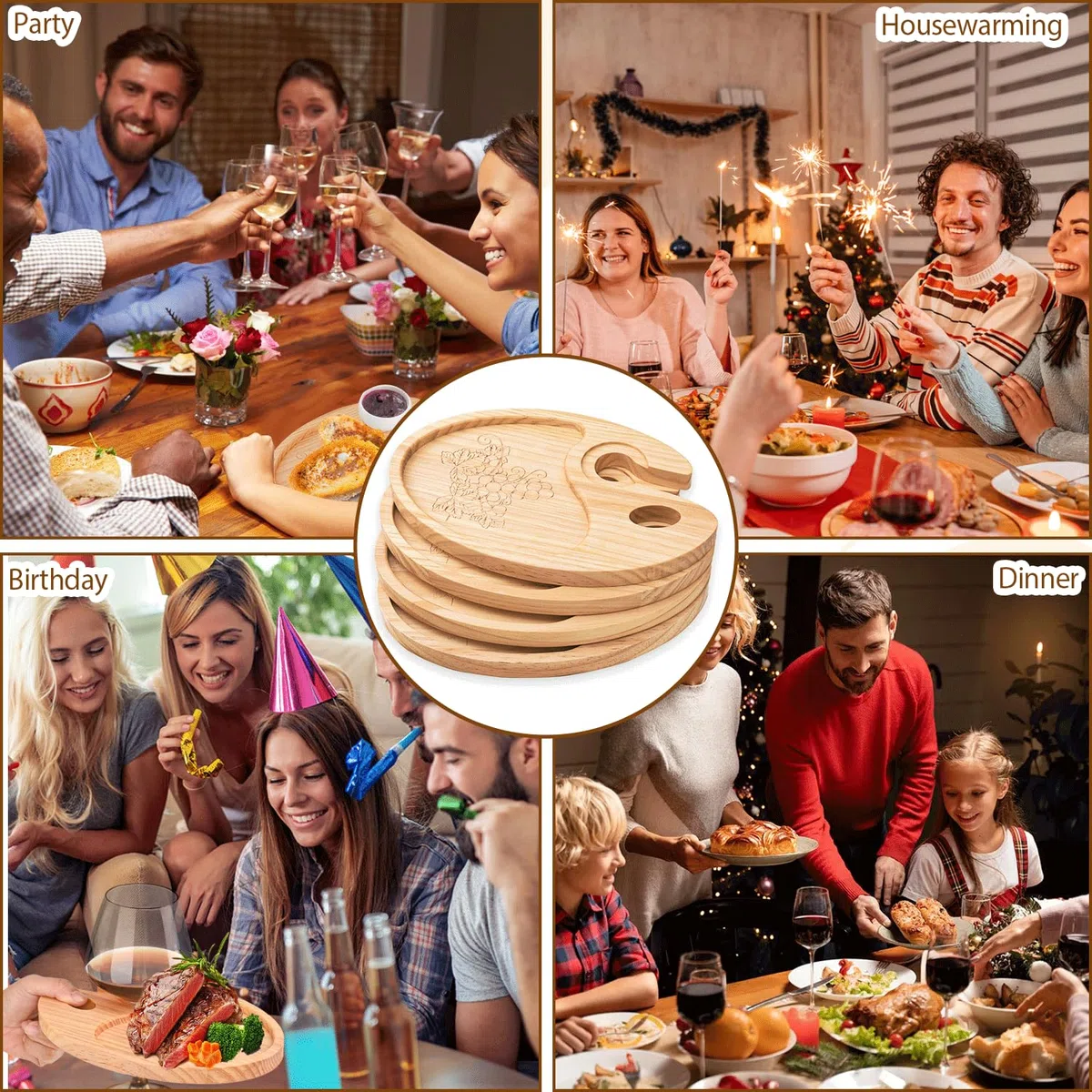 Platos para aperitivos de vino con soporte para copas de vino, mini tabla de embutidos, plato de queso de cóctel de madera, para fiestas, picnic, cumpleaños, reuniones familiares, 9 x 6, juego