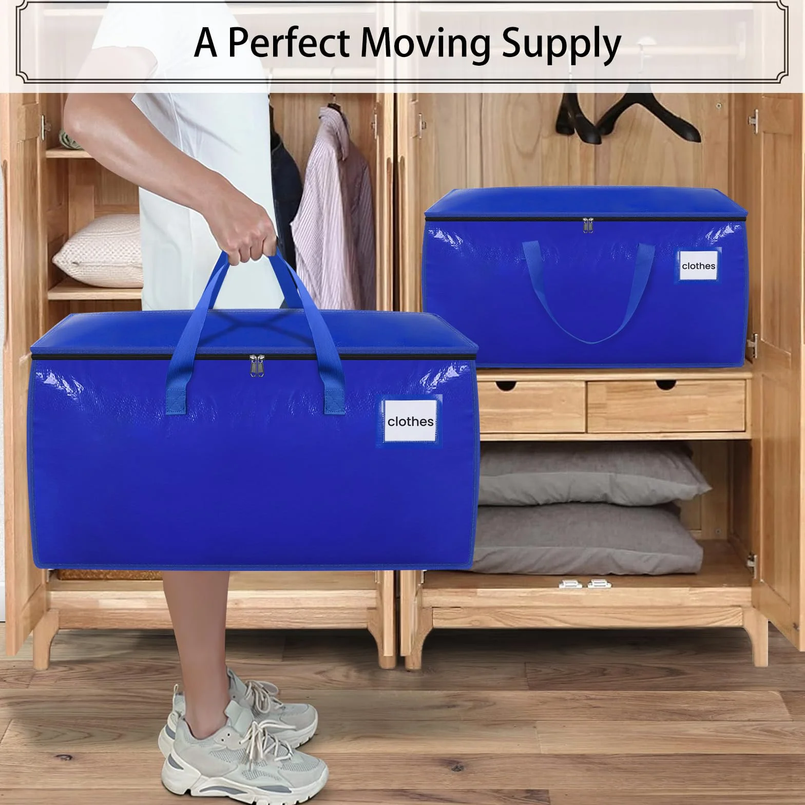 Withosent 100L Grande Bolsa de Almacenamiento, 2 Piezas Impermeable Bolsas de Mudanza con Cremallera y Asa, Bolsas para Guardar Ropa Edredones, Alternativa a Las Cajas de Mudanza, Azul