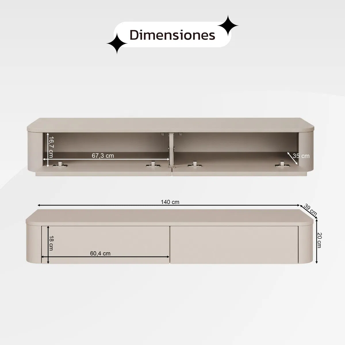 Selsey Mueble TV Suspendido Slim 140 cm Cashmere – Mueble de Salón Moderno para Televisión con Puertas Abatibles, Diseño Minimalista, Fabricado en Europa