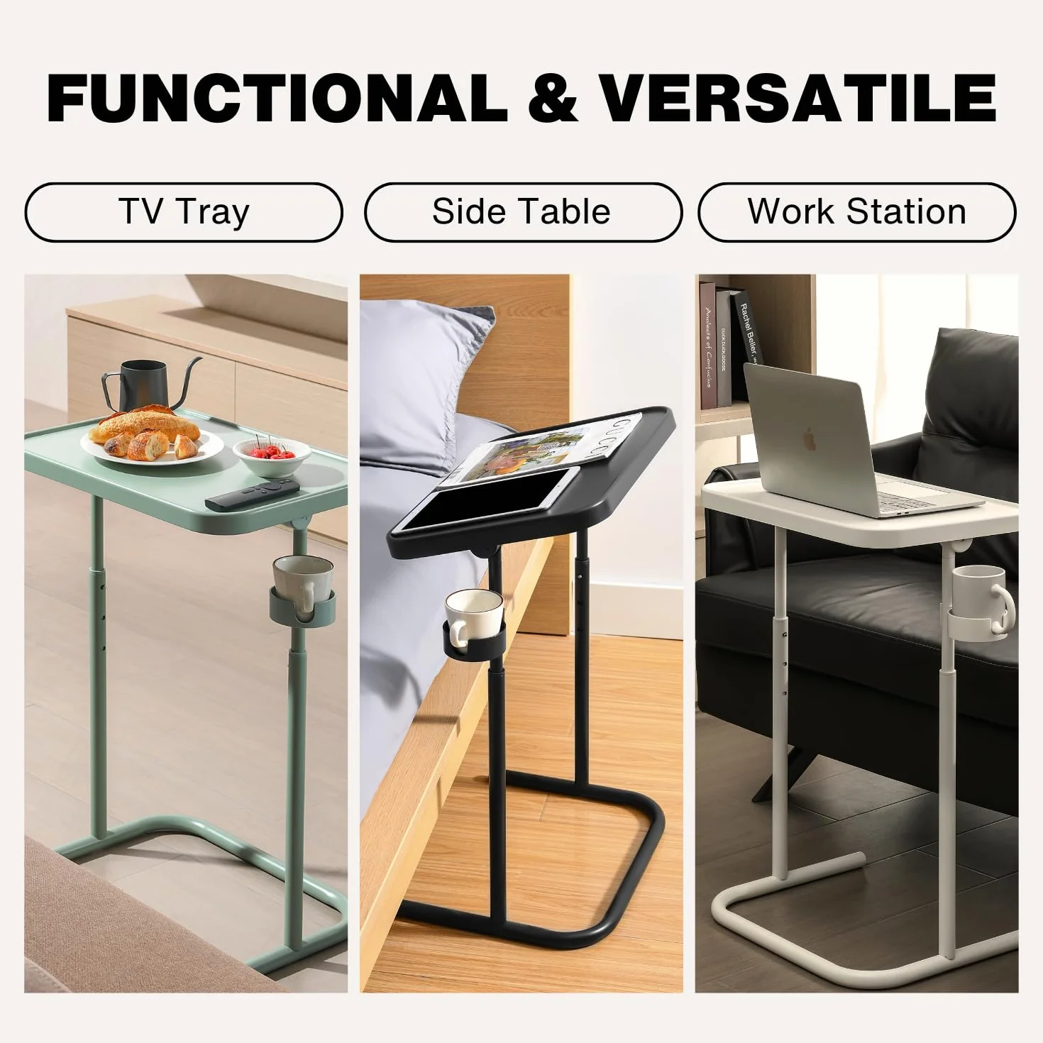 Keepo Bandeja de TV de metal con ruedas/ruedas, mesa auxiliar, bandeja de comida ajustable, mesa plegable para laptop con 3 alturas, ángulos de inclinación de 0 a 90 grados, escritorio portátil sobre