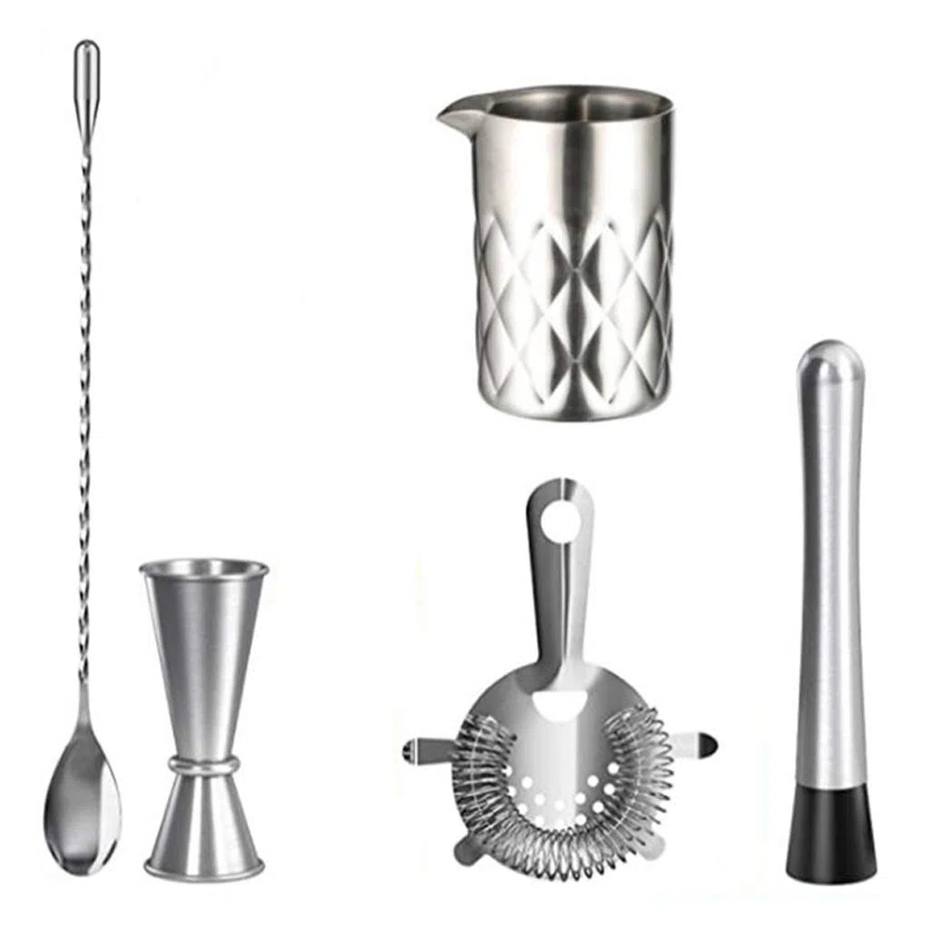 Kit de Barman Herramientas de Barra de Acero Inoxidable con Mezcla de Cristal Jigger Bar Spoon Muddler Strainer Cocktail Shoker Set