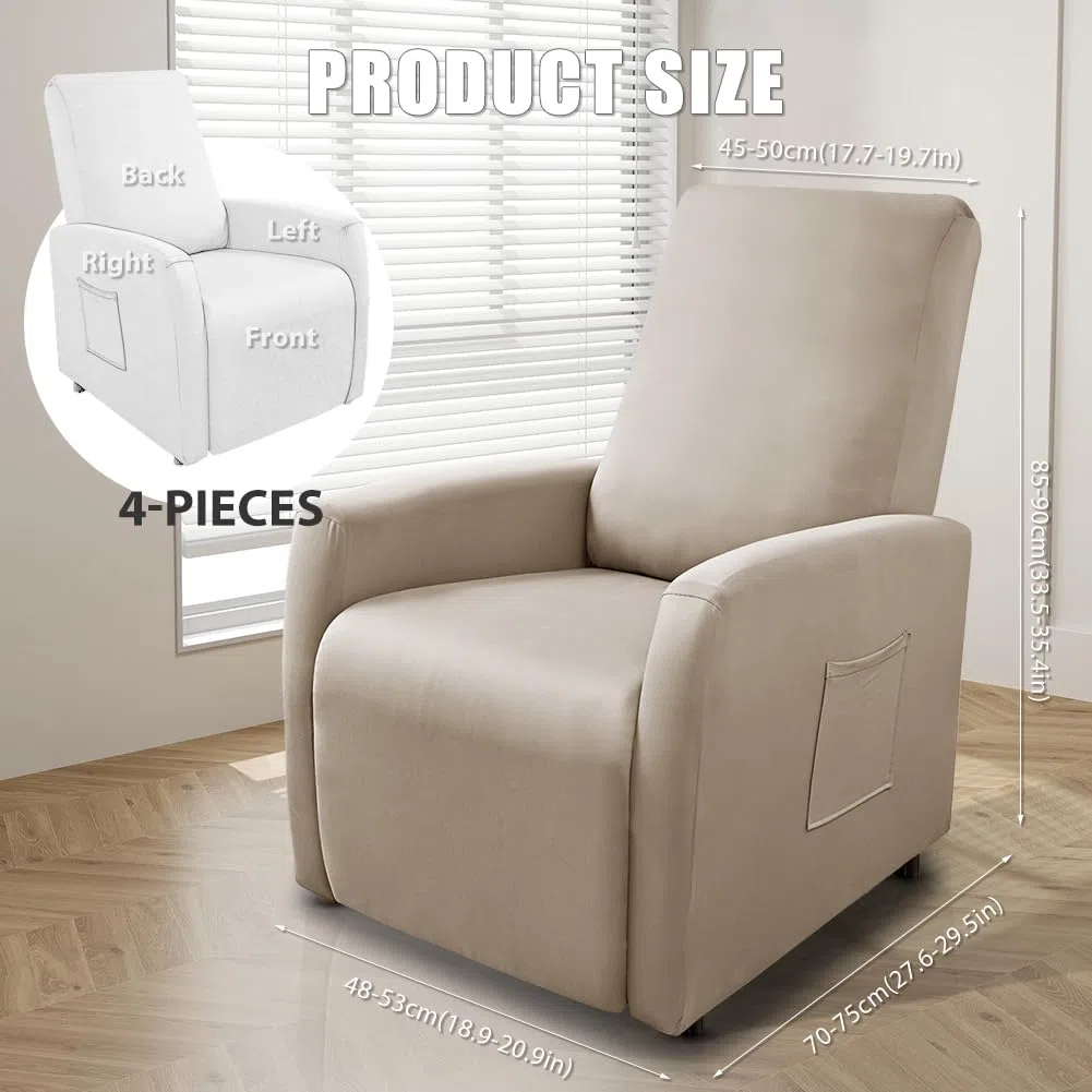 Funda Elástica para Sillón, con Bolsillos, Impermeable, Funda de Sillón Relax, Sillon Relax Reclinable, Fundas para Sillones Todo Incluido, 4 Piezas Extraíbles y Lavables Fundas Protector, Moca Clara