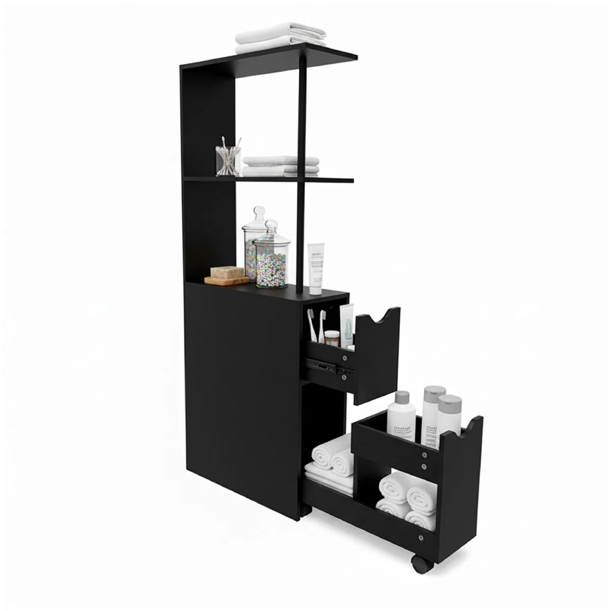 Baroni Home Columna de baño que ahorra espacio, mueble alto con estantes abiertos y cajones, multiusos, columna moderna para baño, cocina y dormitorio, 30 x 30 x 180 cm, 3 estantes y 2 cajones, color