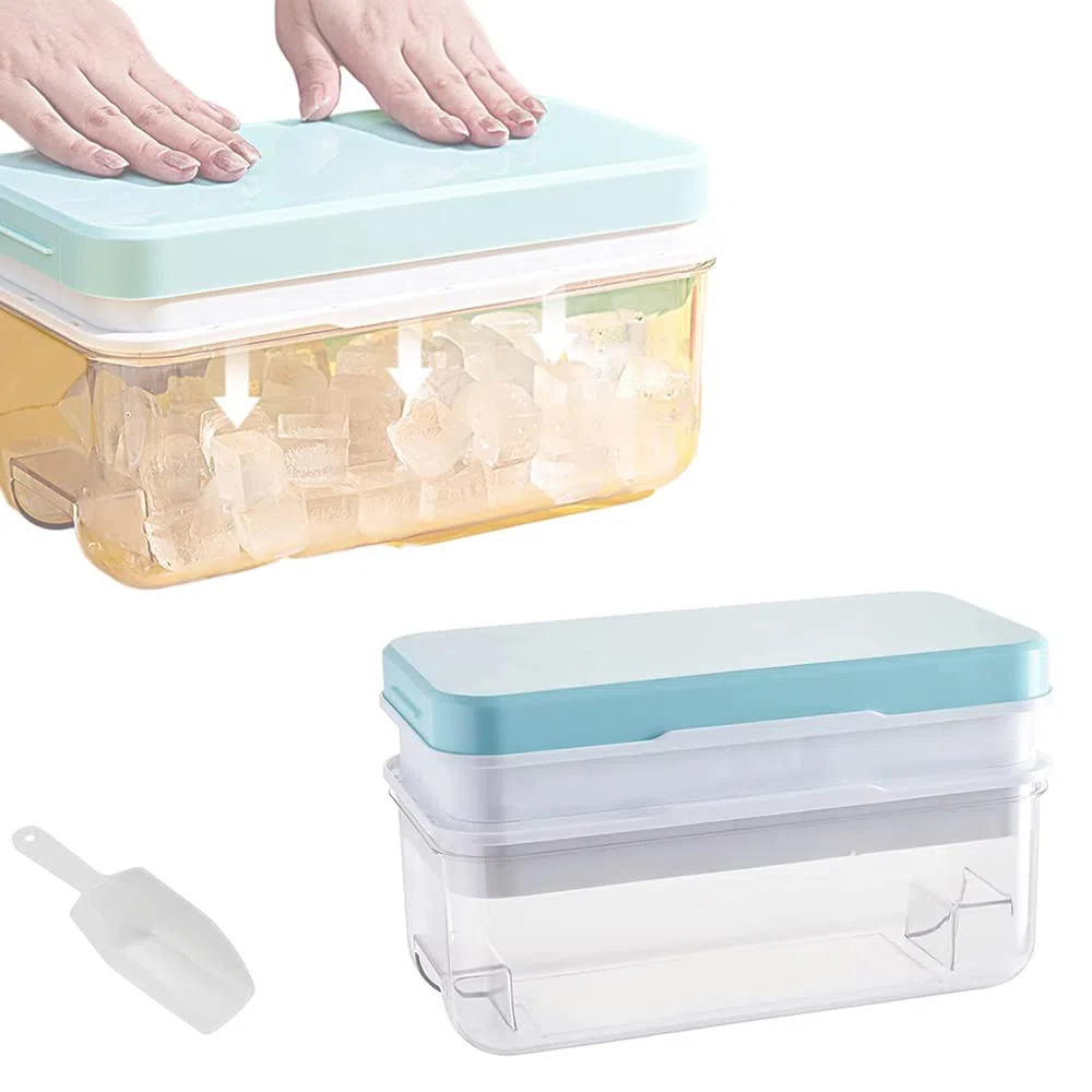 1 Second Demould - Bandeja de cubitos de hielo con tapa y cubo, moldes de hielo de 2 niveles hacen 64 cubitos de hielo, cubo de gran capacidad que incluye cuchara (Azul)