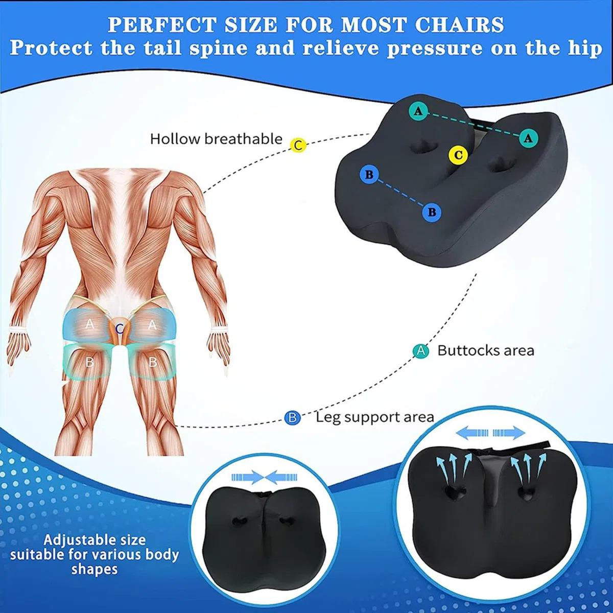 HAZARA Cojin Antiescaras, Cojín Silla Oficina Lavable Ergonómico, Cojin Coche para Cadera,Cóccix,Ciática,B-Black
