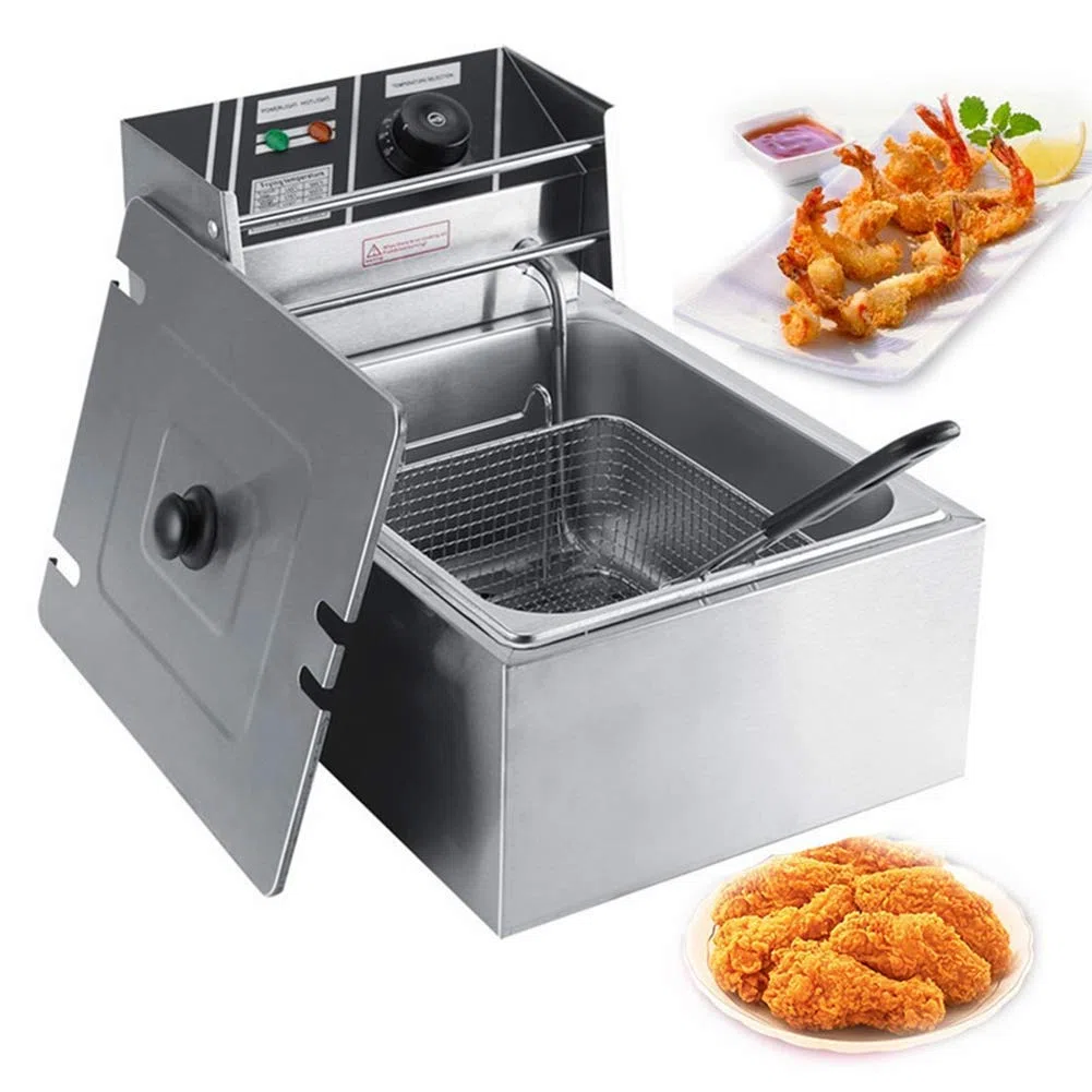 Freidora Industrial Eléctrica de Acero Inoxidable, 6L, 220-240V, con Regulador de Temperatura y Canasta, para Uso Comercial y Doméstico