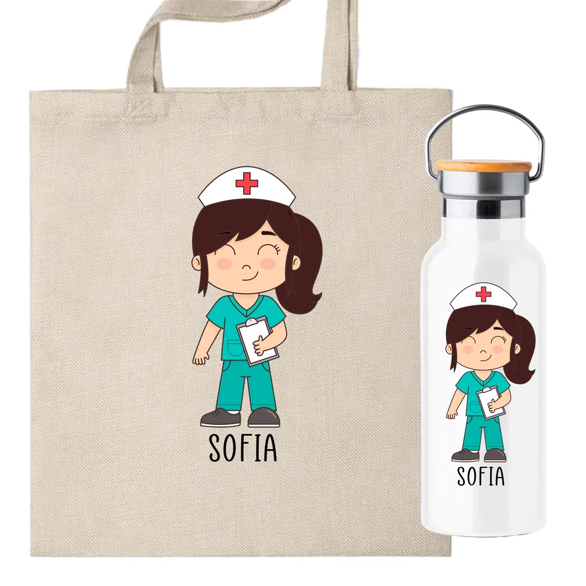 Pack Botella termica + Bolsa personalizada con ilustracion de enfermera, regalo para enfermera ideal, elige el color de pelo y el nombre. (Botella enfermera Morena personalizada)