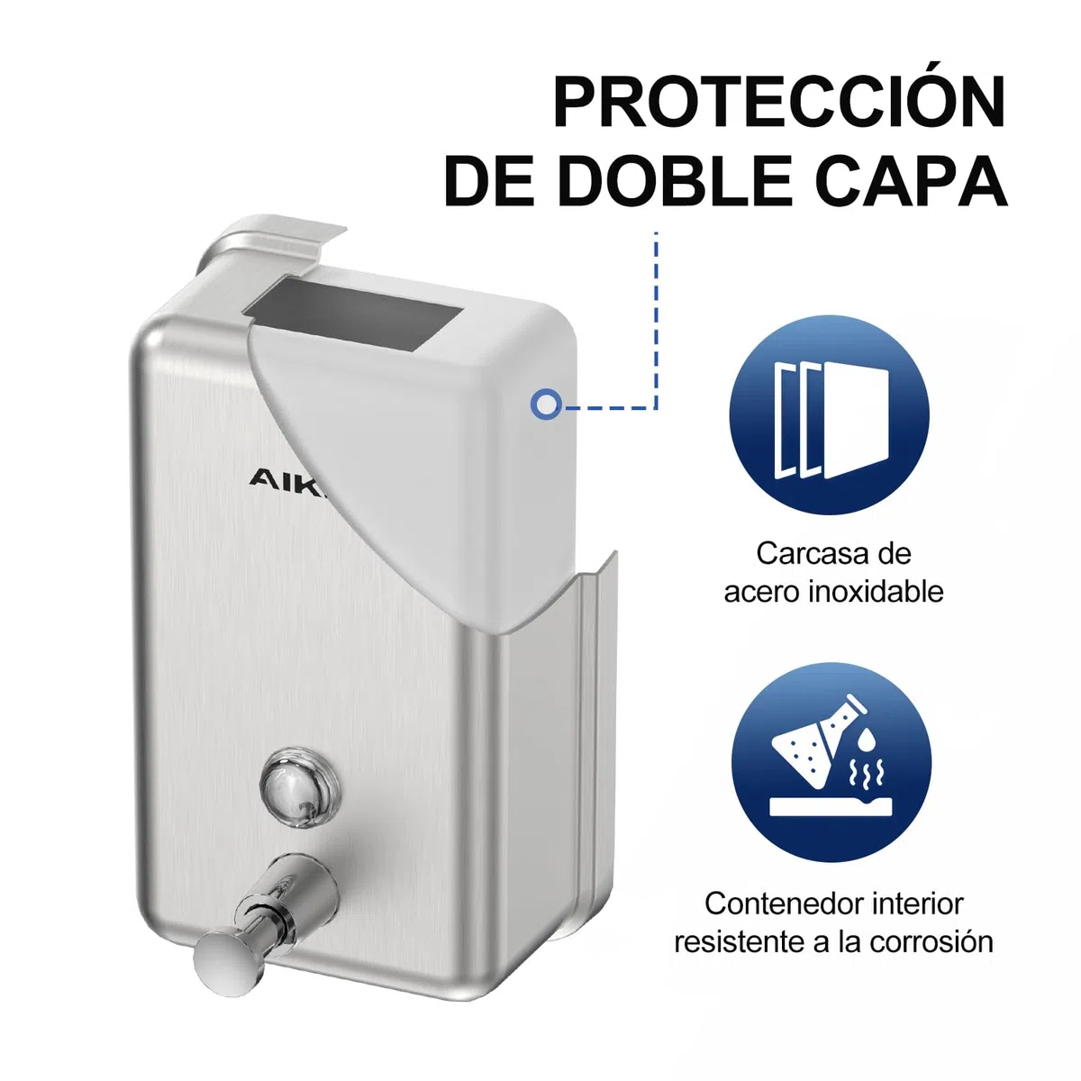 AIKE Dispensador De Jabón Pared, 1100 ML Dispensador De Jabón De Acero Inoxidable, Capa Protectora De ABS Incorporada, Antióxido Y Antigoteo, Dispensador De Jabón De Manos Líquido Comercial