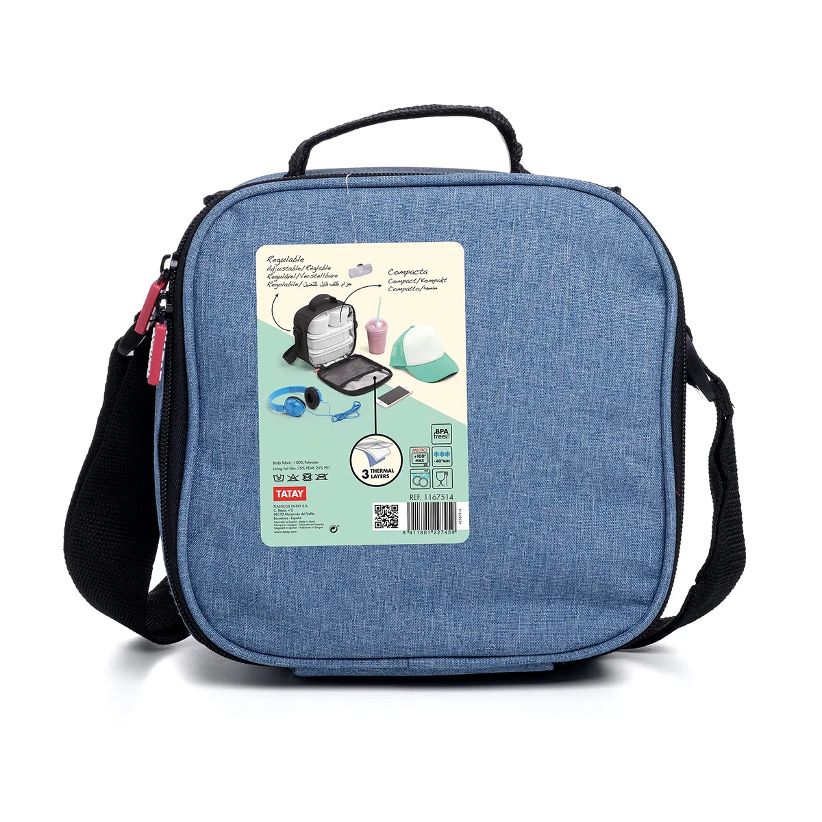 Tatay Bolsa Termica Porta Alimentos Impermeable - Urban Food Casual 3L | 4 Fiambreras: 2x0,5L + 2x0,2L | Triple Capa Aislante | Cuerpo Semirrígido | Bolsillo Interior | 22,5x10x22cm, Azul Denim