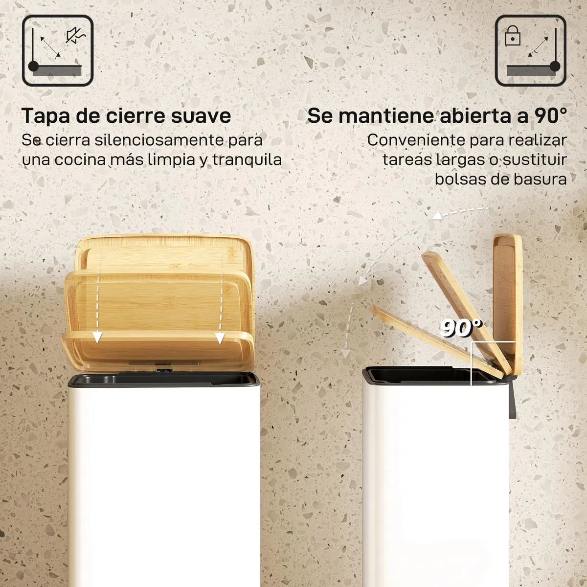 HOMCOM Cubo de Basura Cocina con Pedal, 20L, Tapa de Bambú de Cierre Suave, Papelera de Cocina con Cubo Interior Extraíble, Anti-Huellas, para Dormitorio, Salón, 29,5x29,5x56,8 cm, Blanco y Natural