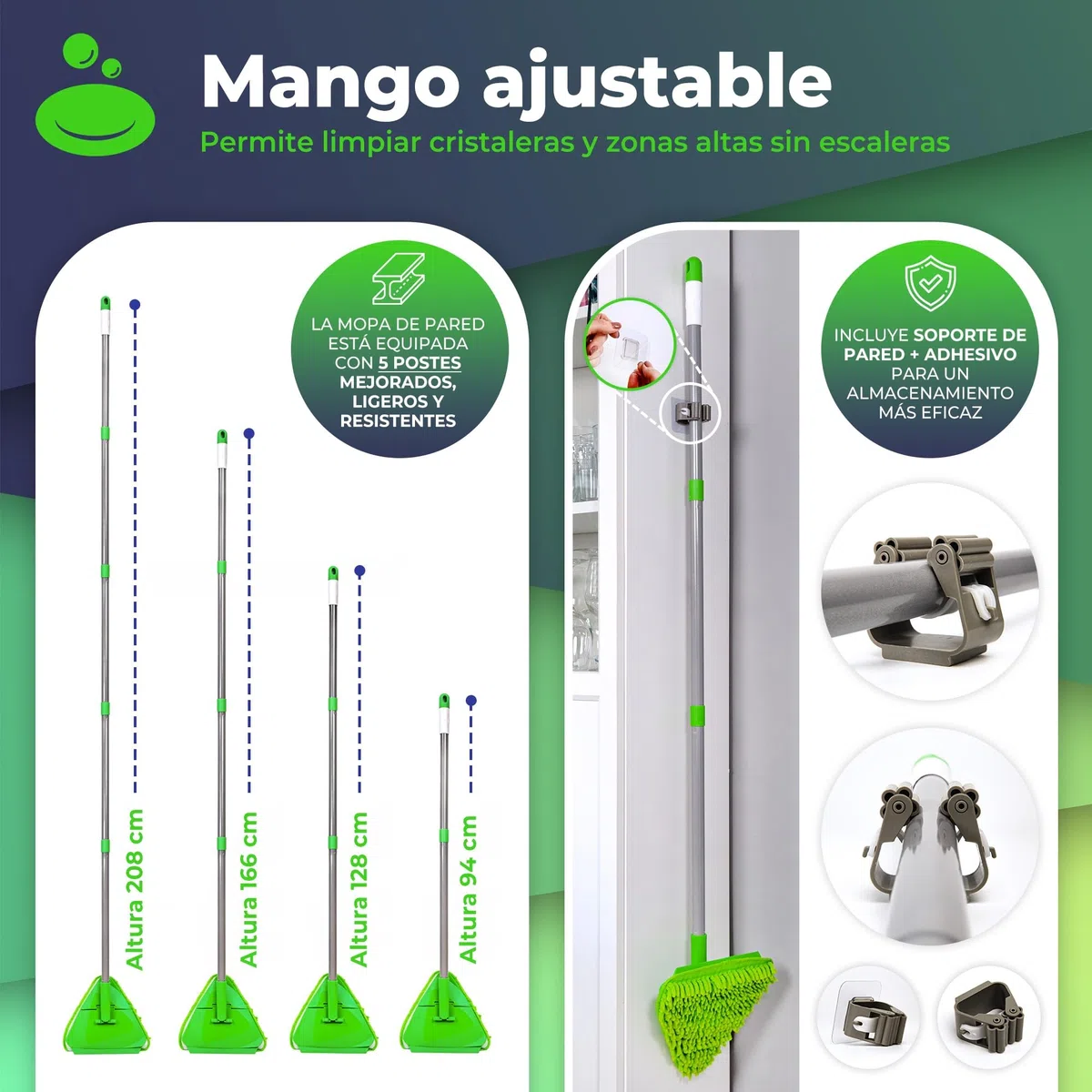 Mopa para Limpiar Azulejos y Paredes + Rasqueta Limpia Cristales | Trapeador Giratorio 360 | Mango Ajustable hasta 2,08 Metros | 6 Almohadillas de Chenilla y Microfibra (MOPA+RASQUETA)