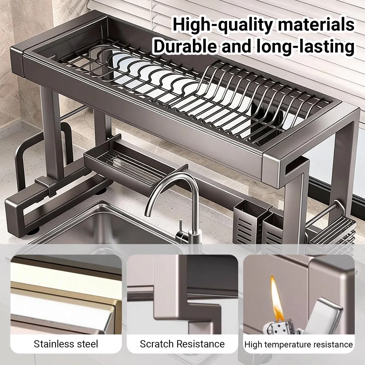 Escurridor de platos de acero inoxidable, soporte para utensilios de cocina, para almacenamiento y organización de cocina, para platos, vasos, cuencos y cubiertos