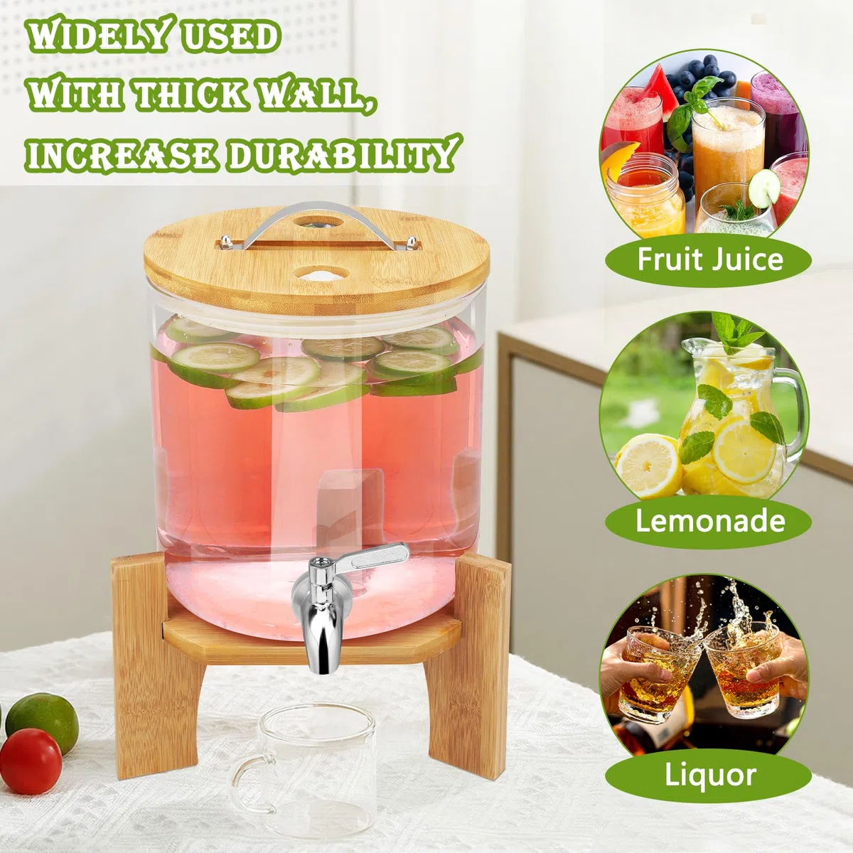 Dispensador de bebidas de vidrio de 5 litros, dispensador de bebidas de vidrio de borosilicato resistente a altas temperaturas, con tapa de boca ancha, tarro de bebidas calientes con soporte