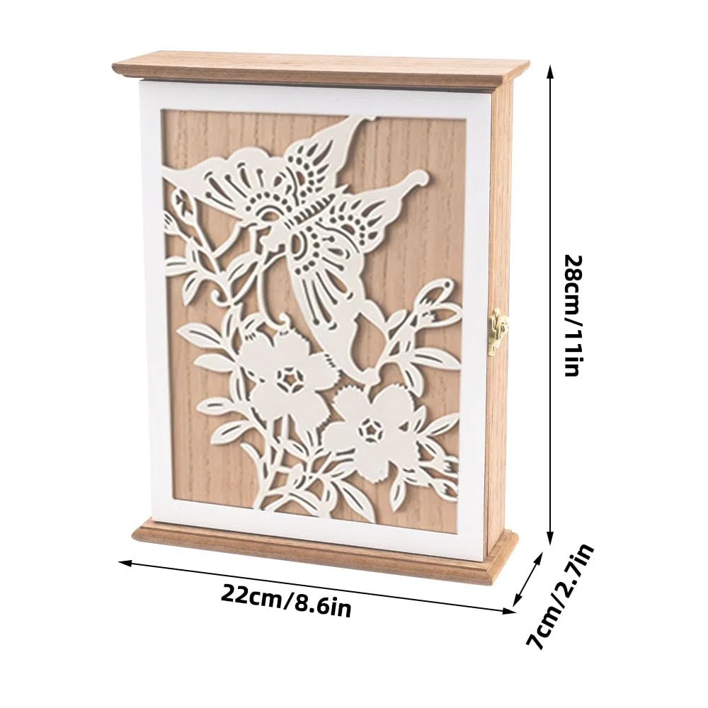 Caja Llaves Pared Madera con Motivo de Mariposas y Flores,Caja Llaves Pared Decorativa para Entrada,Dormitorio,Pasillo,Blanco,28 x 22 x 7 cm