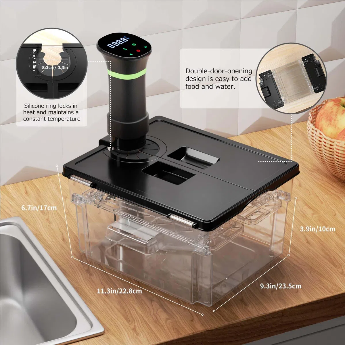 Contenedor Sous Vide con tapa, diseño de doble apertura de puerta, contenedores Sous Vide con estante integrado de 11.65 cuartos de galón, contenedor de olla de cocción lenta compatible con la mayoría
