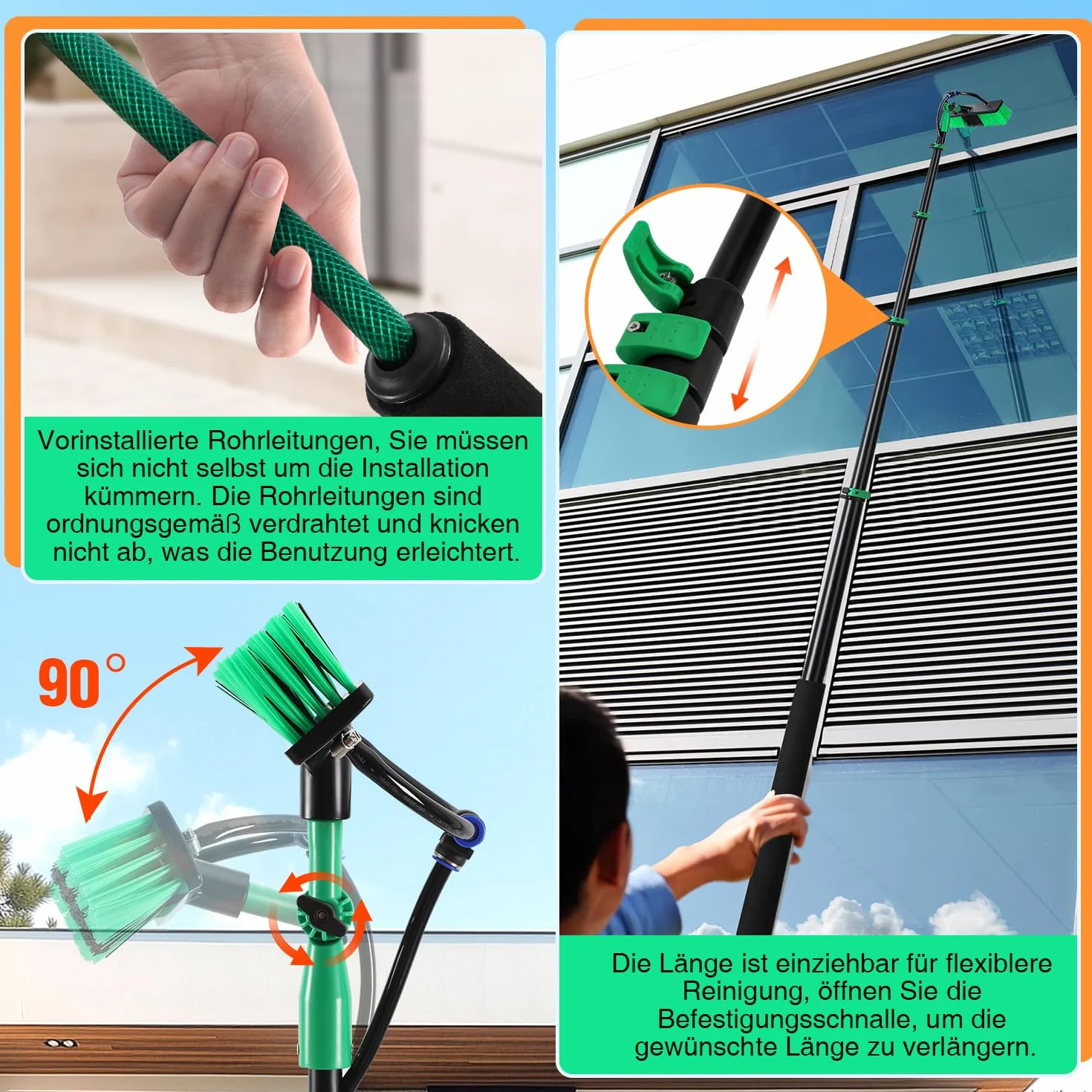 Eulenke Cepillo telescópico de 4,8 m con conexión de agua, cepillo de lavado telescópico, cepillo de lavado con mango telescópico de aluminio, techo de terraza limpio, con cerdas suaves, limpieza de