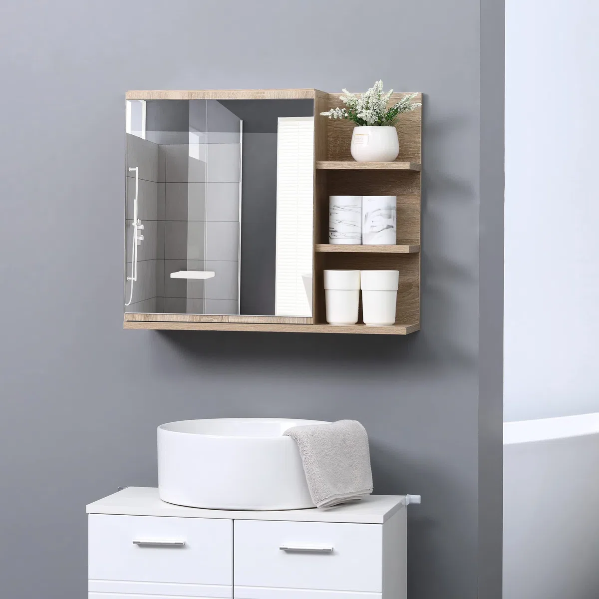 kleankin Armario de Baño con Espejo 3 Estantes Moderno 60x18x50 cm Natural | Armario con Espejo para Baño, Estantes Abiertos, 1 Estante Interior