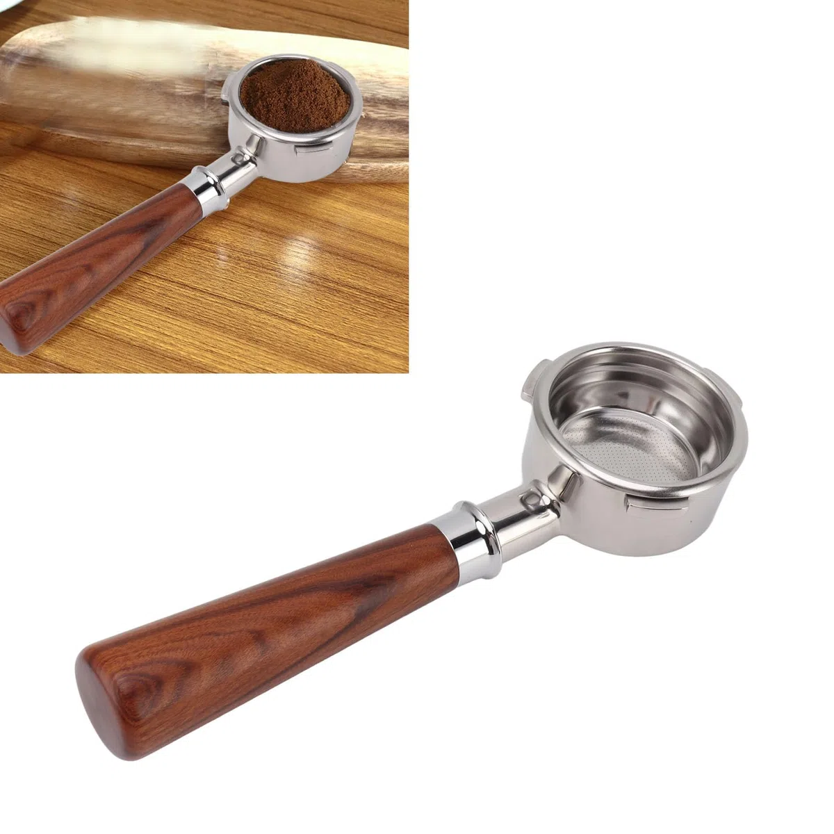 Portafiltro de 58 mm sin fondo, portafiltros de diseño de 3 orejas con mango de madera maciza para cafeteras (Redwood en estilo A1)