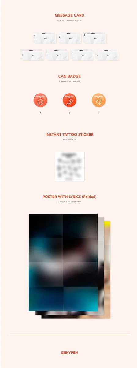 ENHYPEN - MANIFESTO DAY 1 STANDARD [J Version] Album CD-R+Photobook+Photocard+Postcard+Message Card+Can Badge+Tattoo Sticker+Poster with Lyrics+(Extra ENHYPEN 8 Photocards+Pocket Mirror)