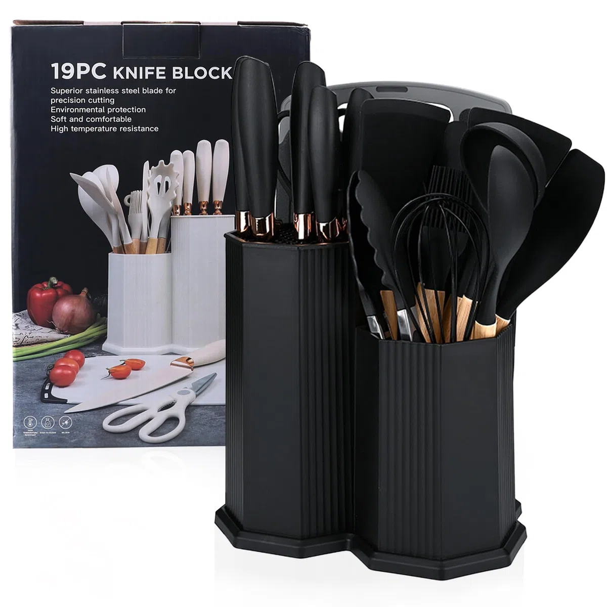 Juego de utensilios de cocina de 19 piezas con cuchillos tabla de cortar y caja de almacenamiento en forma de diamante – utensilios de silicona resistentes al calor negro