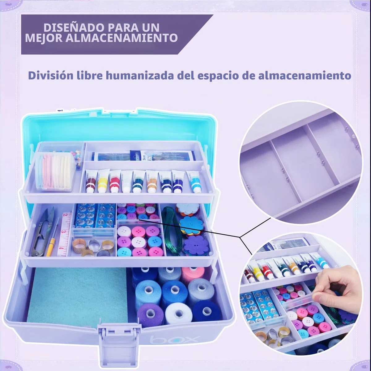 Creahaus Caja de almacenamiento multiusos de tres capas de 30cm, caja de herramientas, estuche de arte y manualidades, organizador de suministros de costura, caja de medicamentos(azul morado)