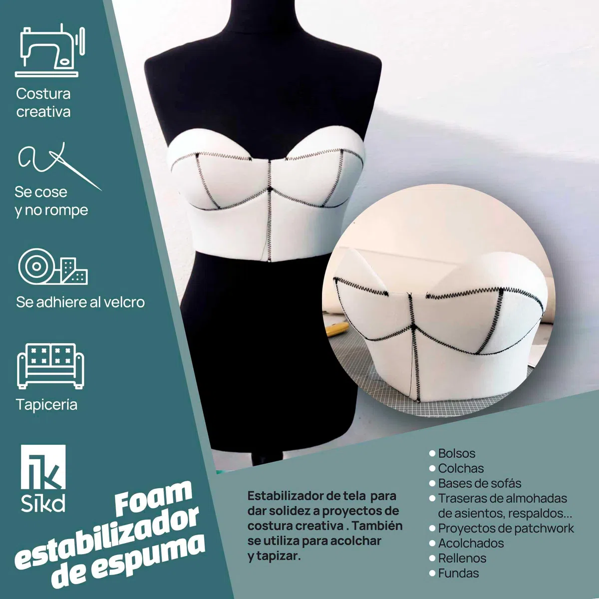 SIKD - Foam estabilizador de espuma para manualidades. 2x0,5m. Goma espuma para tapizar con forro y velour. Estabilizador de tela de costura. Blanco