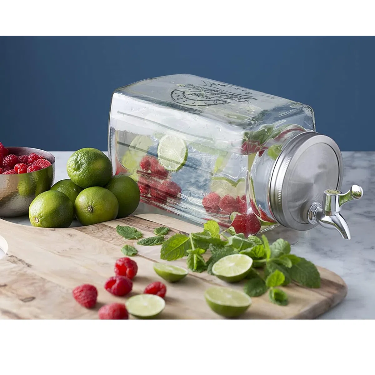 Dispensador de Bebidas con Grifo 3L, Recipiente Transparente de Cristal, Botella Bebidas de Vidrio con Tapa y Cierre Giratorio, Resistente al calor - Longitud 32.5 x Profundidad 13.5 x Altura 32.5cm