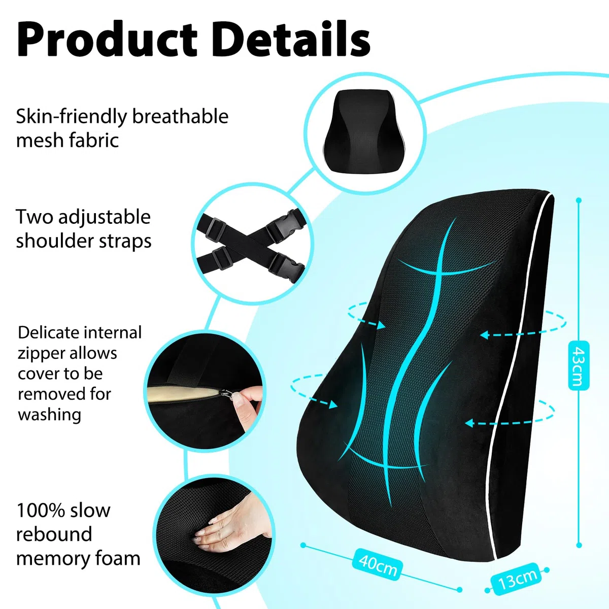 USHOP Cojín Lumbar,cojin Lumbar Silla Oficina Ergonómico de Doble Cara Termorregulada,cojin Lumbar Coche en Espuma Viscoelástica de Alta Densidad,con Dobles Correas Ajustables y Funda Extraíble