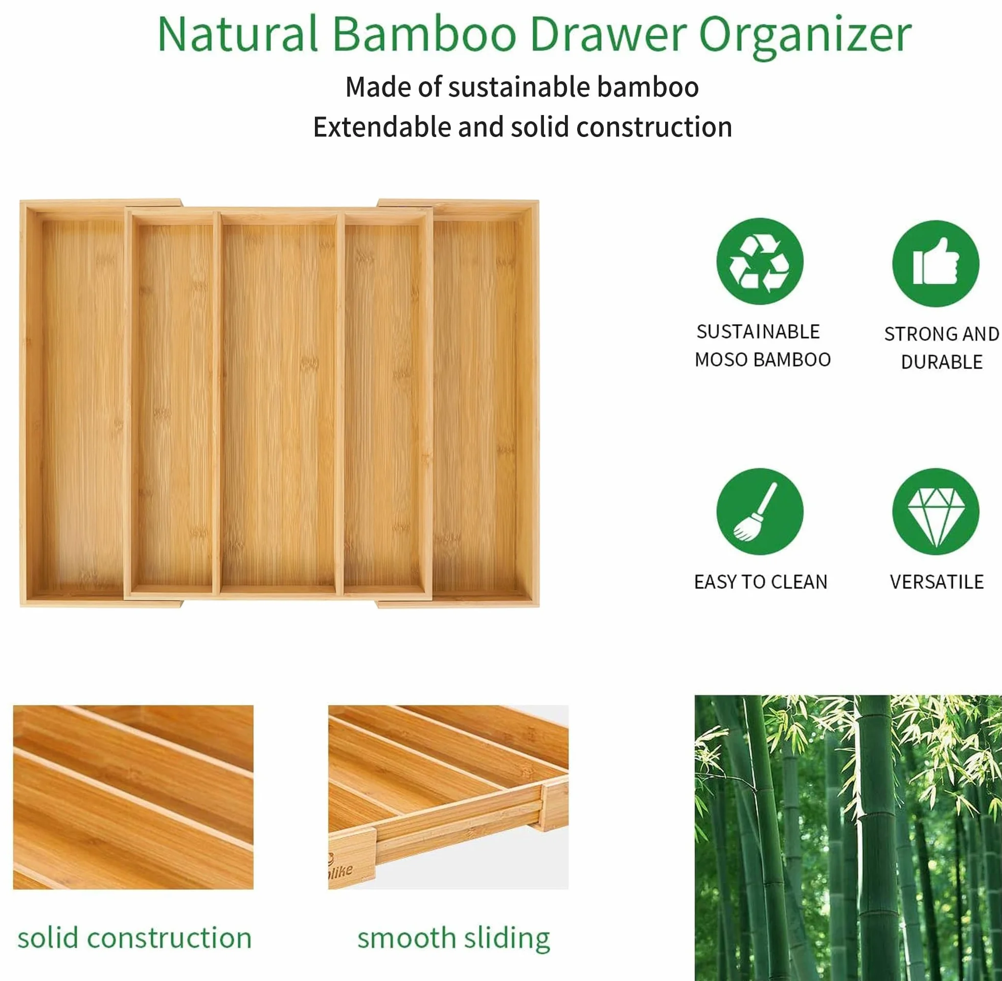Utoplike Bandeja de Bambú para Cubiertos, Organizador Extensible para Cajón de Utensilios, Porta Cubiertos, Porta Herramientas para Cocina, Dormitorio, Sala de Estar