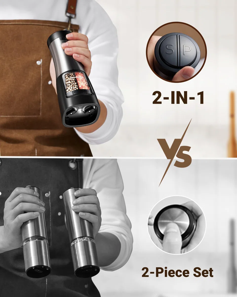 Sangcon Recargables USB Molinillo de Sal y Pimienta Eléctrico 2 en 1, Funcionamiento Automático con Una Sola Mano con Molinillo de Cerámica Ligero, Molonillo Sal Grosor Ajustable,(Color Metalico)