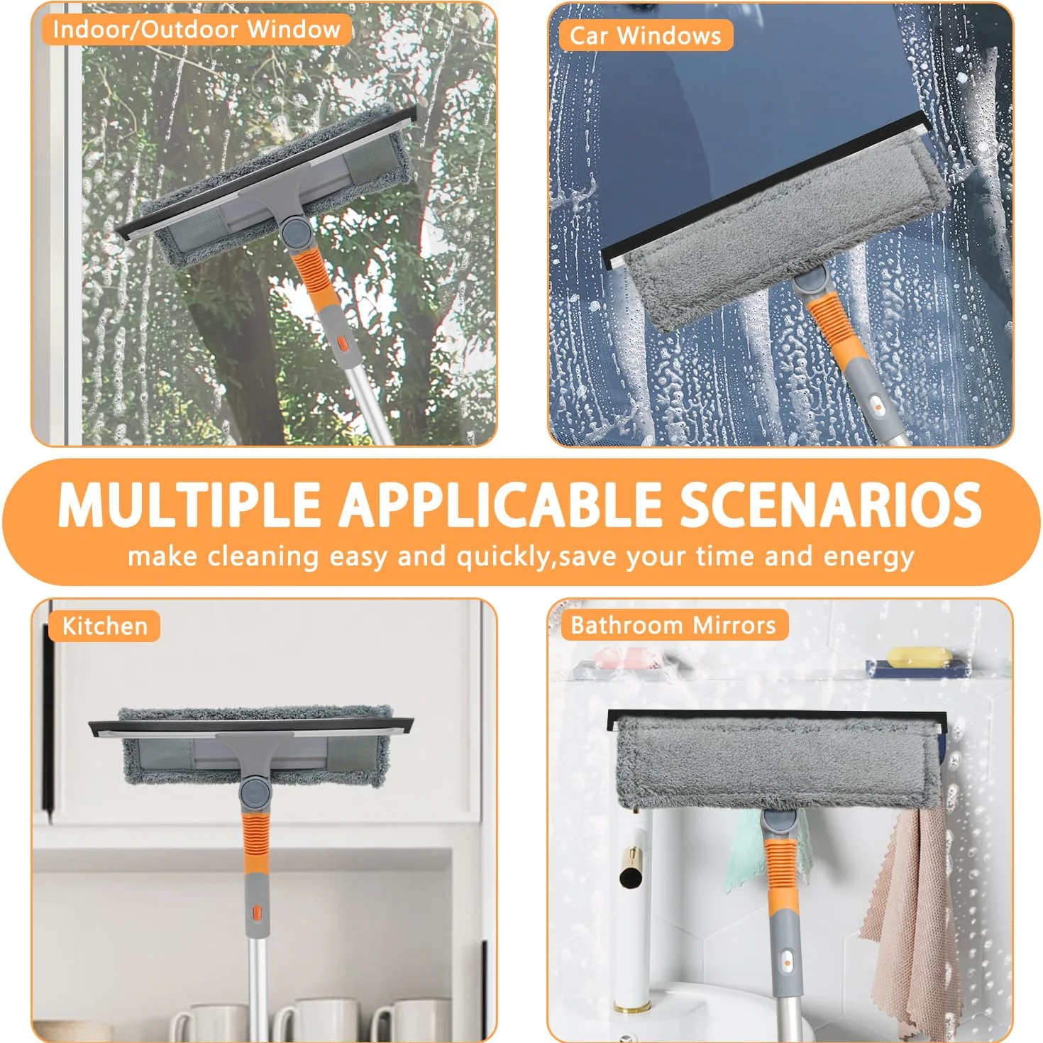 Tendak Limpiacristales Telescópico, 3 en 1 Limpiador de Vidrios de Ventana Profesional con Mango Telescópica, Extensible Enjugador de Ventanas de 23-200cm para Ventanas Altas Interiores y Exteriores