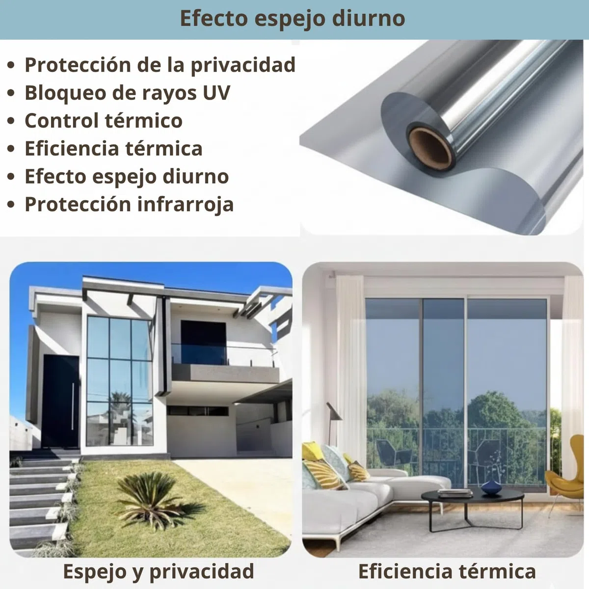Película para Ventanas de Espejo, TAMBIÉN EN TAMAÑOS Grandes (60 x 200 cm), Unidireccional, Reflectante, Privacidad, Blackout, UV 99%, Regulación de Calor, Vidrio (Plata - con Adhesivo)