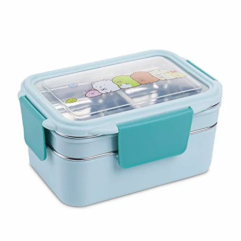 fiambrera, Fiambreras Bento, lonchera portátil de acero inoxidable doble capa, ideal for picnics y la escuela(Blue)