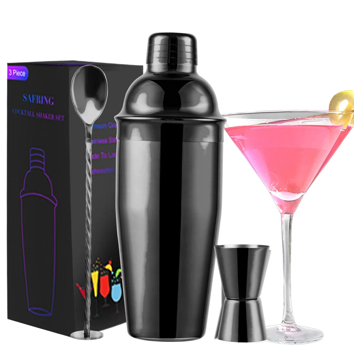 Safring Juego de coctelera de 24 onzas, coctelera de Martini con colador integrado, medidor medidor, cuchara mezcladora, coctelera profesional de acero inoxidable grande para camarero, mezclador de