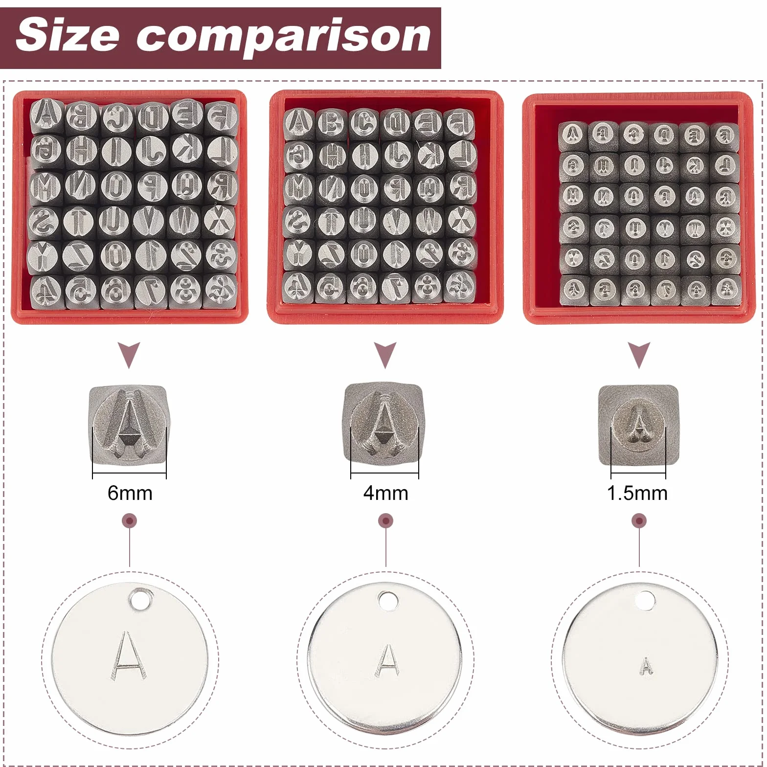 PandaHall 36 piezas Juego de sellos de metal con letras y números, 1/4 pulgada 6 mm Alfabeto A-Z y número 0-9 y símbolo para imprimir en joyas de metal Cuero Madera