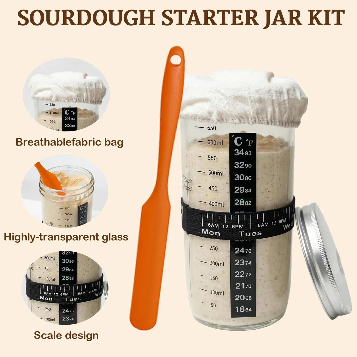 Banetones Para Pan Traje De PanaderíA, 13PCS Traje De Pan Fermentado De Agrio, Juego de cestas de prueba de pan, juego de iniciación de masa madre, tarro de fermentación, accesorios para hornear pan