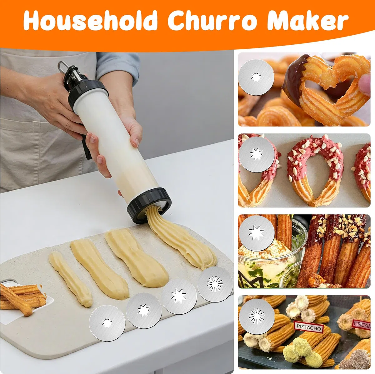 Juego Churreras Churros y Porras Acero Inoxidable con 12 Plantillas, 8 Boquillas, 1 Manga Pastelera y 1 Cepillo Limpieza, Churrera Domesticas Profesional para Elaborar Pasteles, Postres y Galletas