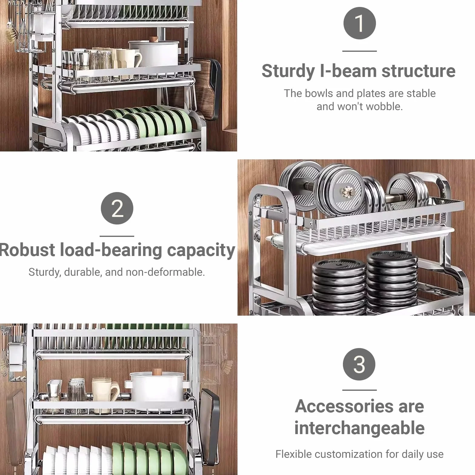 Escurridor de platos de acero inoxidable de 3 niveles, cocina que ahorra espacio con bandeja de goteo para platos, vasos y tablas de cortar (53 x 24 x 60 cm), acero 304