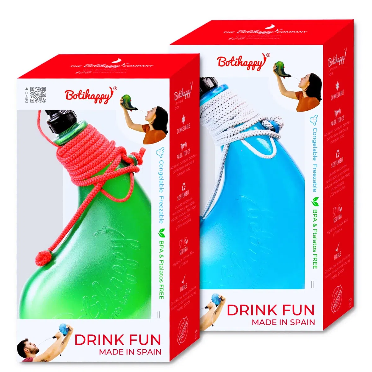 Pack 2 Botihappy - La nieta rebelde de la milenaria bota de vino - Hecha en España para los nuevos tiempos - Congelable, lavable, sin olor ni sabor, sin fugas, sin BPA y muy divertida