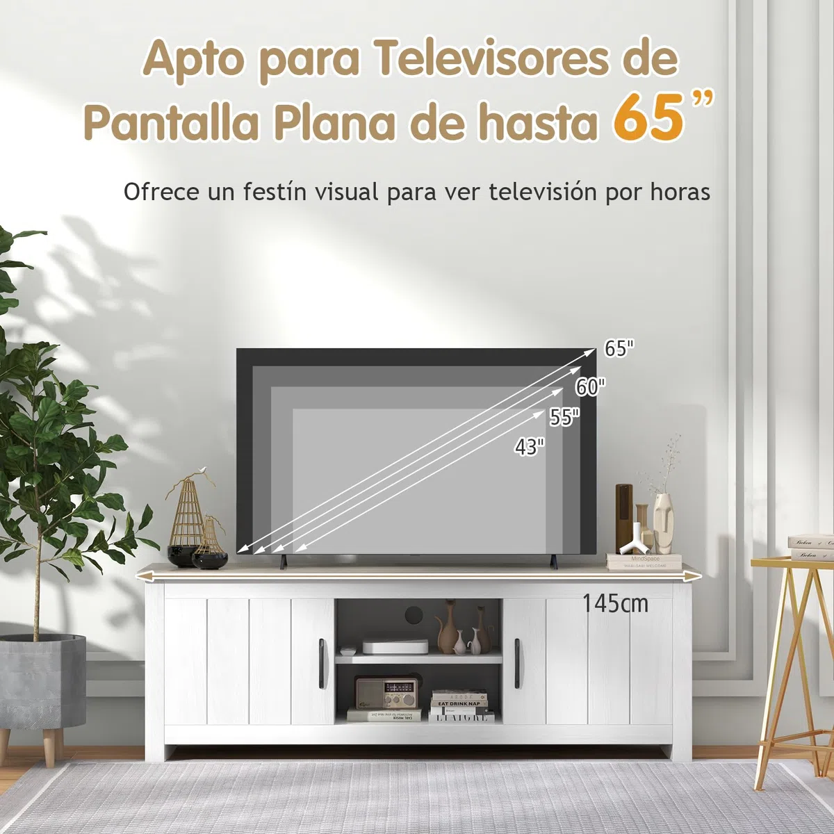 GYMAX Mueble TV de hasta 65 Pulgadas, Mesa Television de Madera con 2 Armarios y Estantes Abiertos, Mueble Bajo TV con Puertas para Salón y Dormitorio, 145 x 40 x 50 cm(Blanco+Marrón)