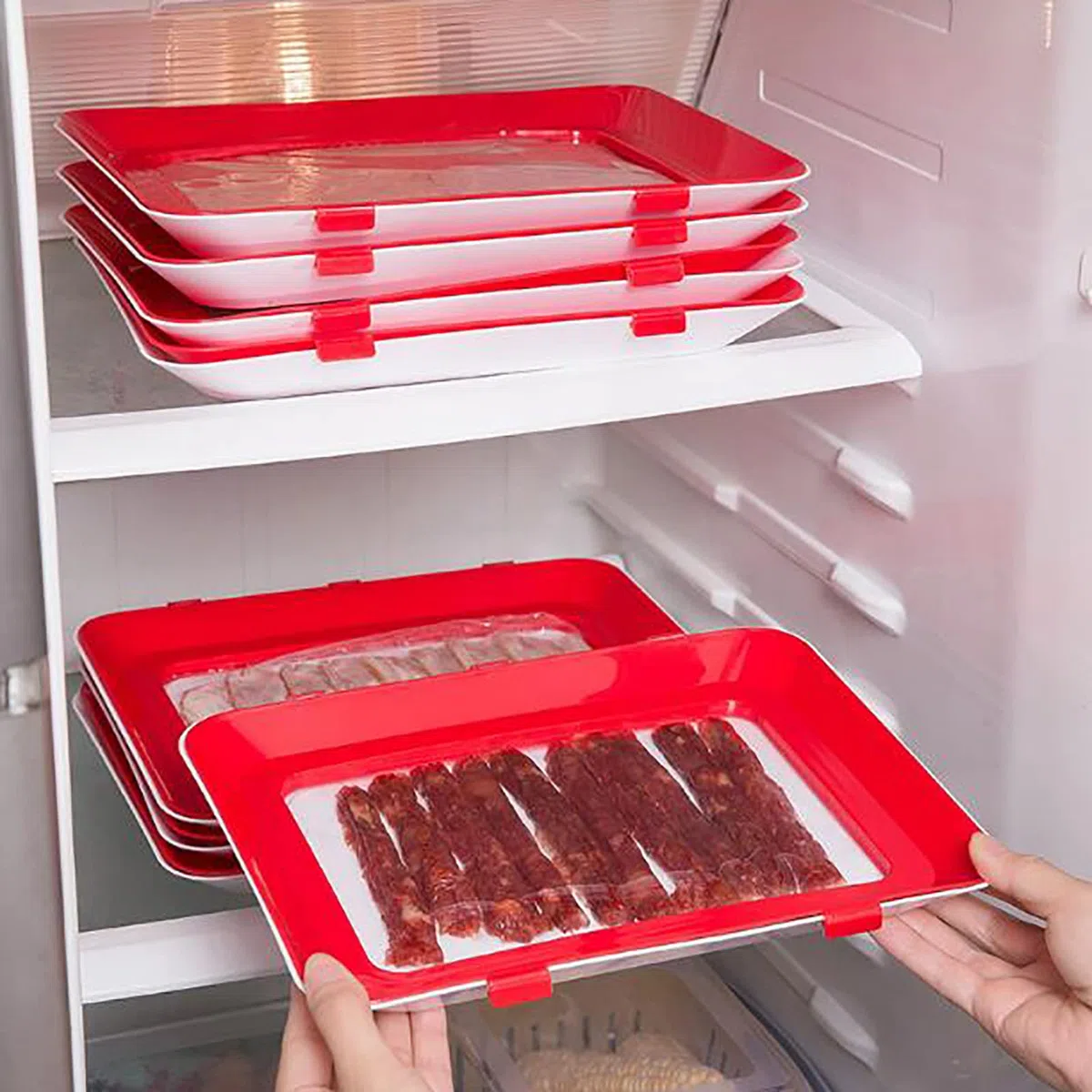 MINUS ONE Bandeja de conservación de alimentos al vacío, apilable y reutilizable, contenedor de alimentos con tapa de plástico para verduras, juego de 8 unidades