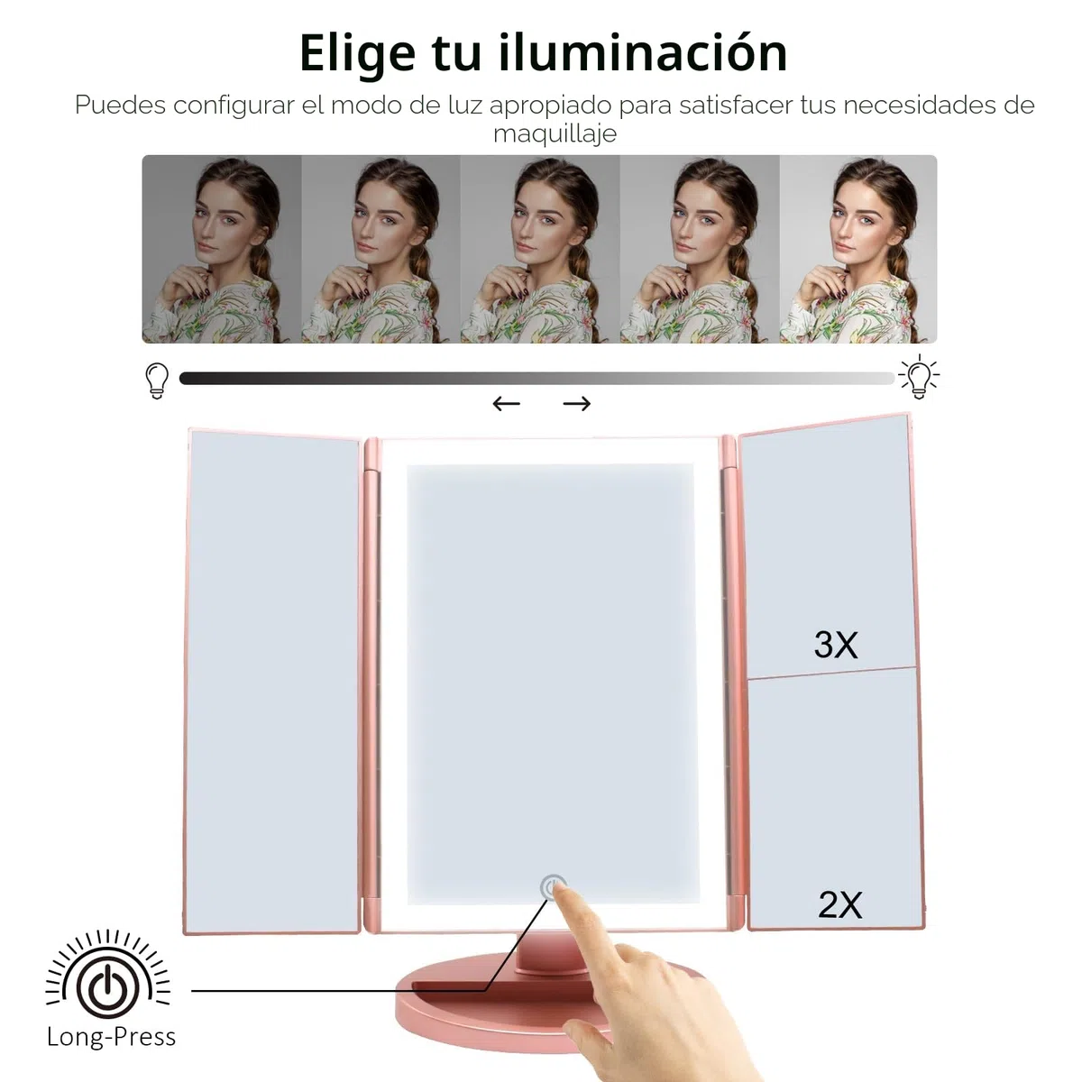 WEILY Espejo Maquillaje con Luz, Espejo Aumento con 1X/2X/3X, Espejo Led Plegable con 36 LED y Pantalla Táctil, Espejo de Mesa Soporte USB y Batería (Oro Rosa)