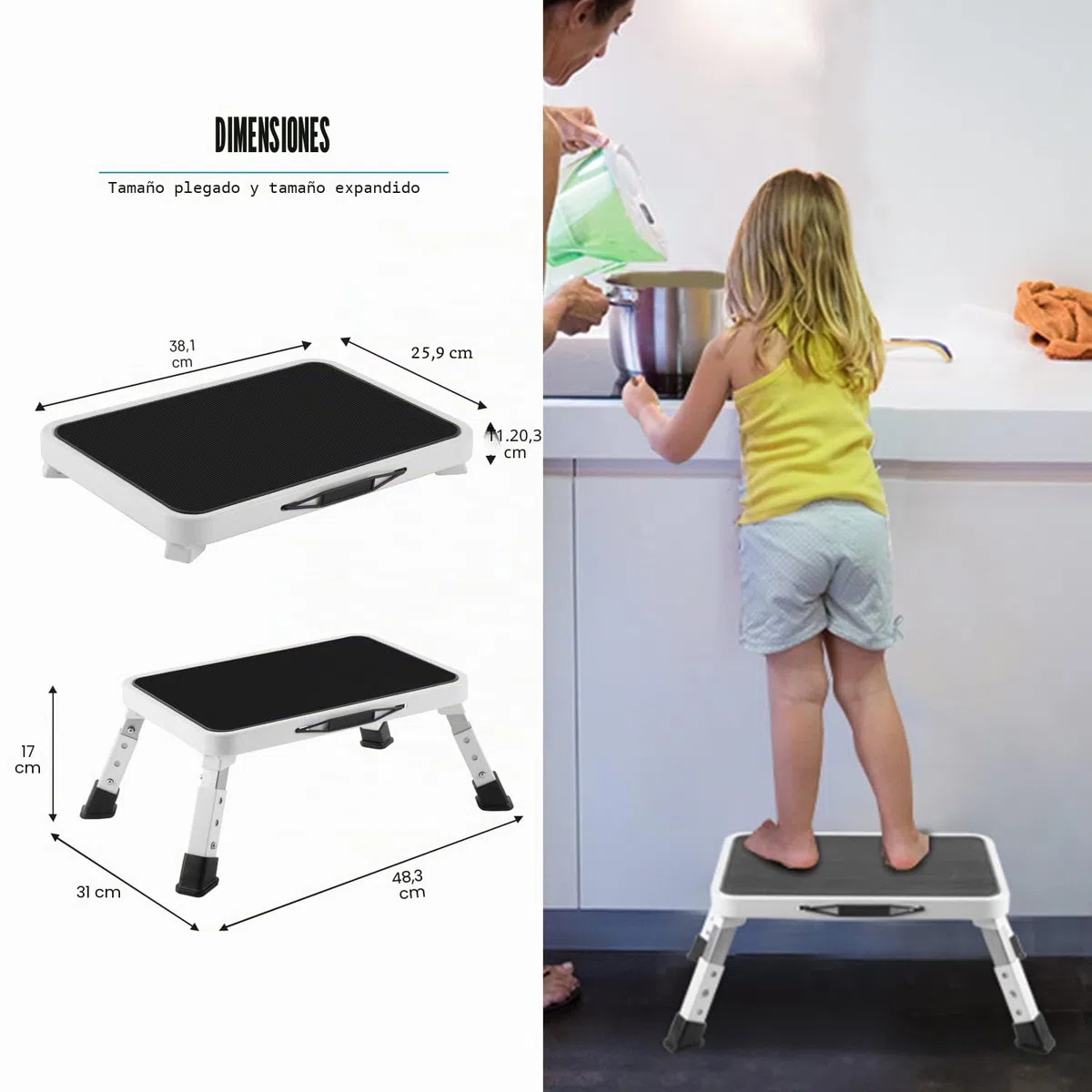 HBTower Taburete plegable, altura regulable, escalera con plataforma antideslizante, soporta hasta 150 kg, escalera para cocina y hogar