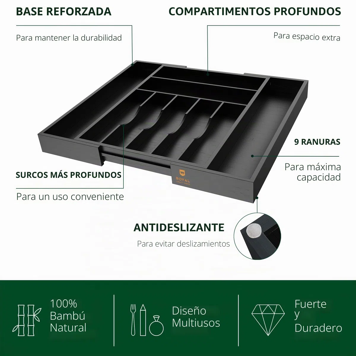ROYAL CRAFT WOOD Organizador de cajones de cocina de bambú de lujo, organizador de cubiertos, soporte para utensilios y bandeja de cubiertos con separadores ranurados para cubiertos y utensilios de