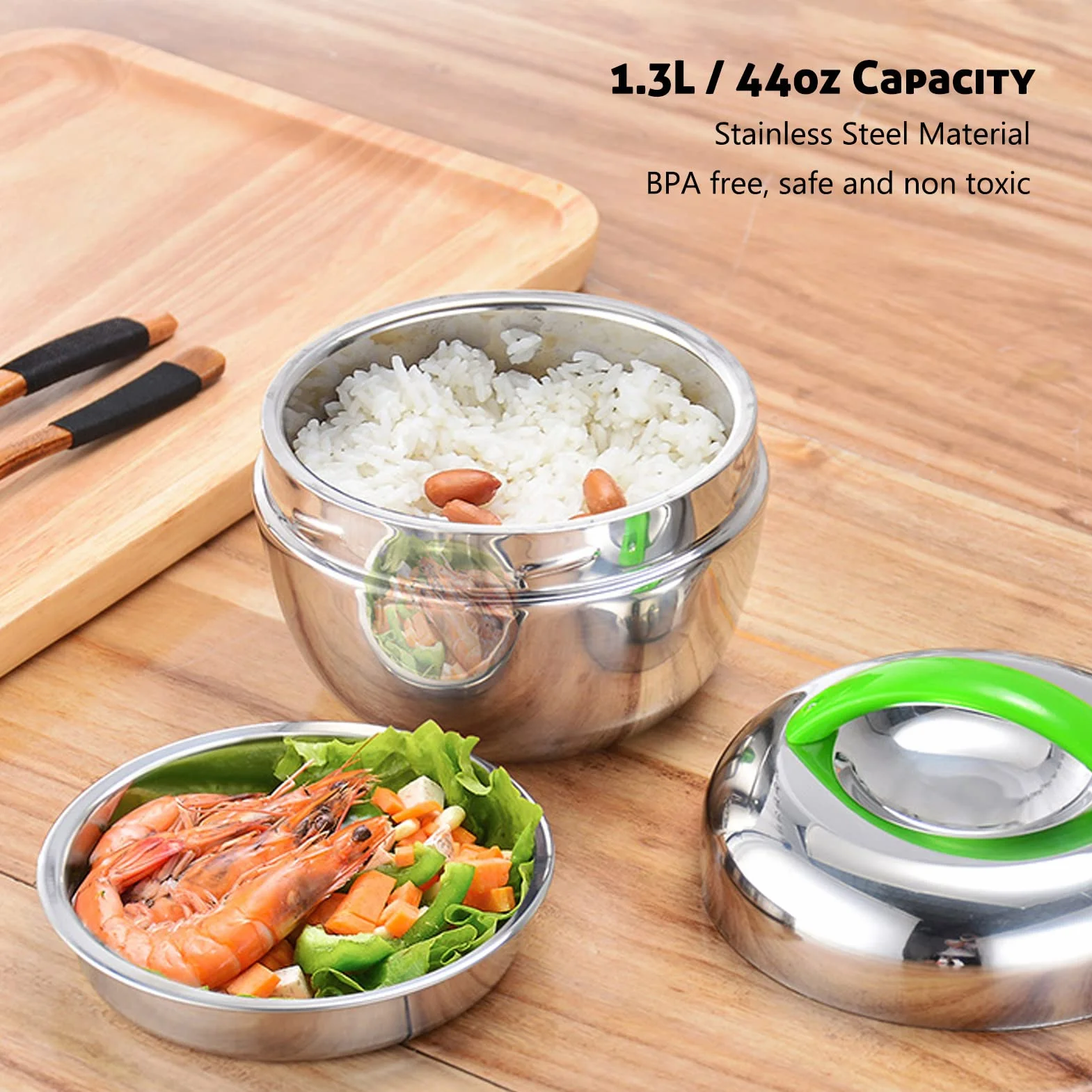 Fiambrera aislada, contenedores térmicos de Alimentos para Alimentos Calientes Caja Bento de Doble Pared de Acero Inoxidable con Compartimento y Tapa 1.3L / 44oz
