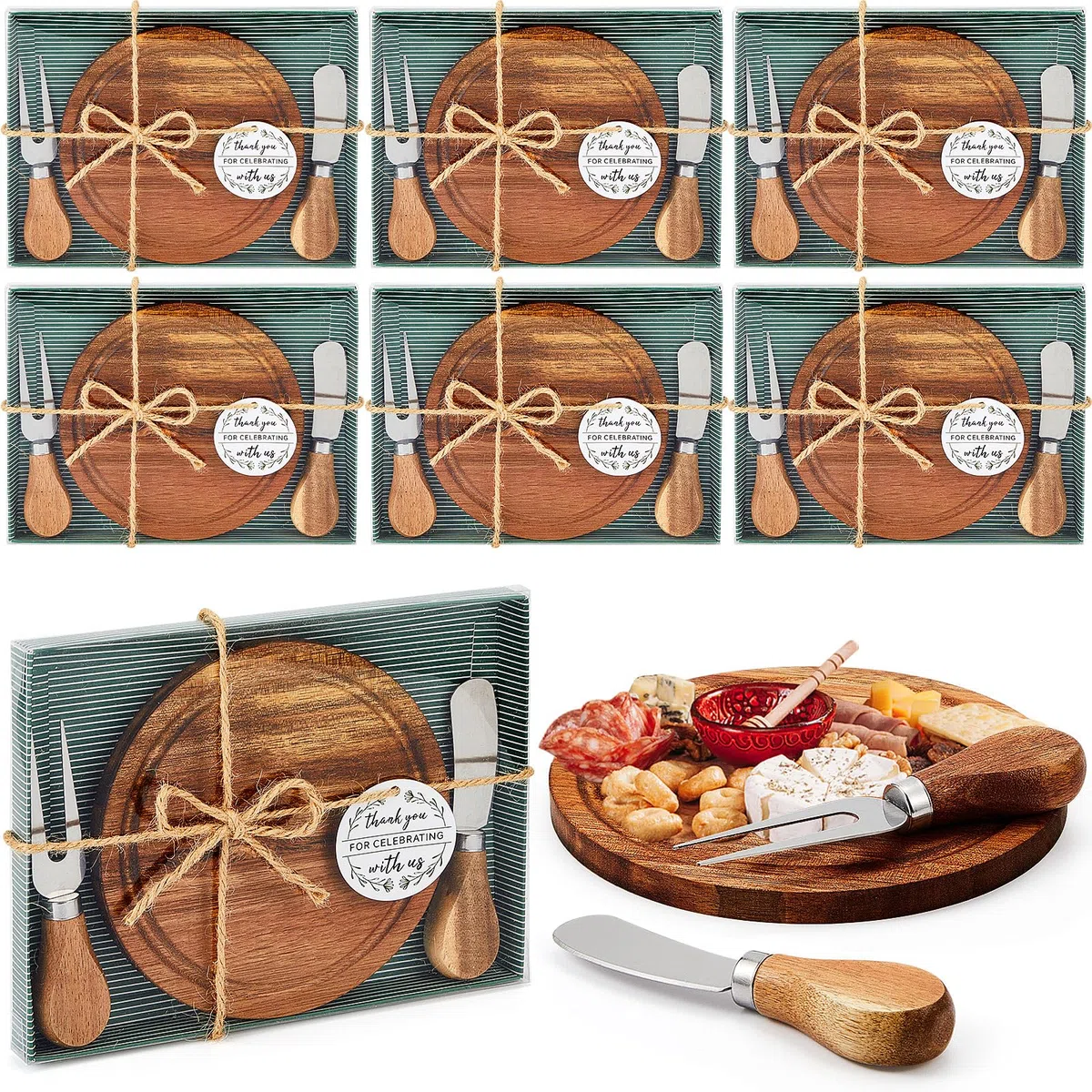 Maxcheck Juego de 6 juegos de premios de juego de novia para baby shower, juego de mesa redonda de queso, mini tabla de embutidos de madera con cuchillos y tenedores, tarjeta de agradecimiento a