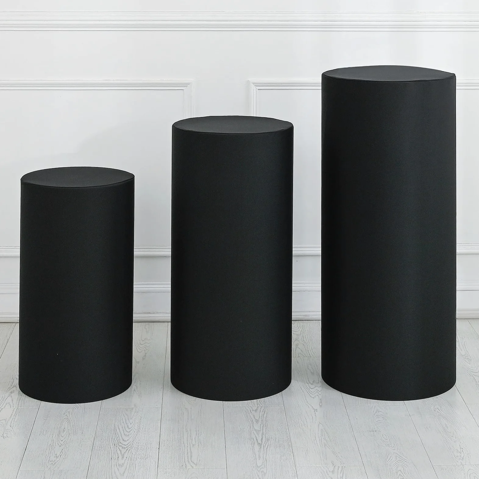QUARKZMAN Juego De 3 Fundas De Pedestal Cilíndrico Negras De Spandex, Funda De Pedestal Para Decoración De Fiestas, Solo Contiene Fundas Cilíndricas (Tela Elástica - Grande)
