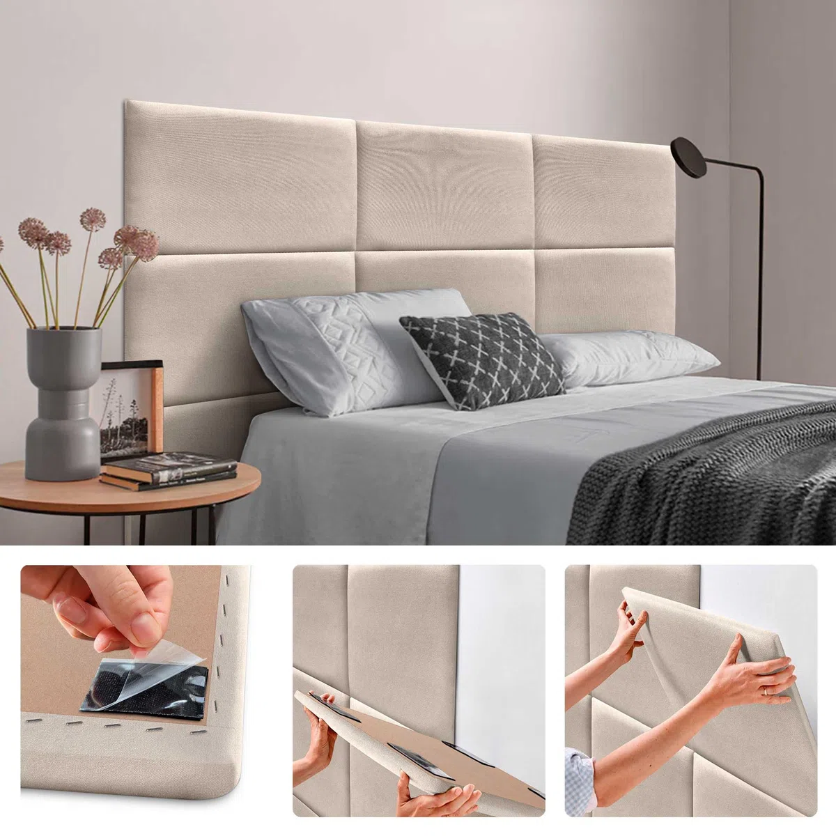 DHOME Paneles Tapizados de Tela Aqualine Autoadhesivos para Pared Acústicos Absorbentes Protección Impactos Cabeceros Decoración Hogar Dormitorio (Beige, 50x40cm)