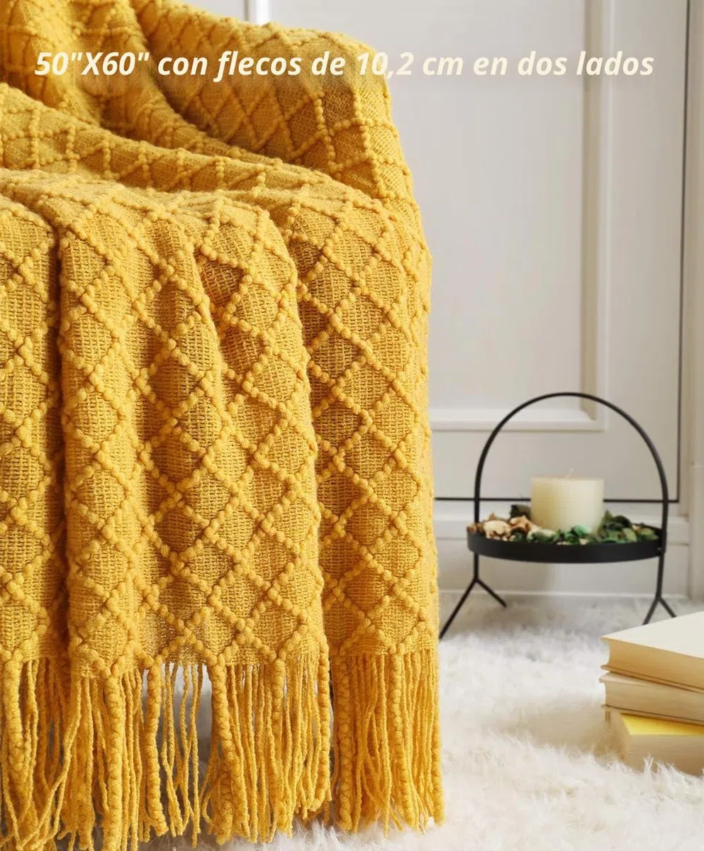 CREVENT - Manta Decorativa Tejida para el sofá, la Silla, la Cama o para Viajes, cálida, Ligera, Suave y cómoda, para Todas Las Estaciones, (127 X 152 cm, Color Amarillo Mostaza)